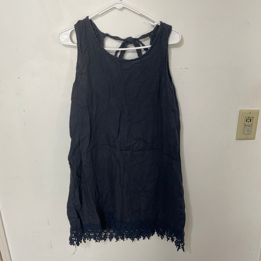 Rosemarine Made in Italy Navy Blue Linen Crochet Lace Tie Back Tank Dress XS